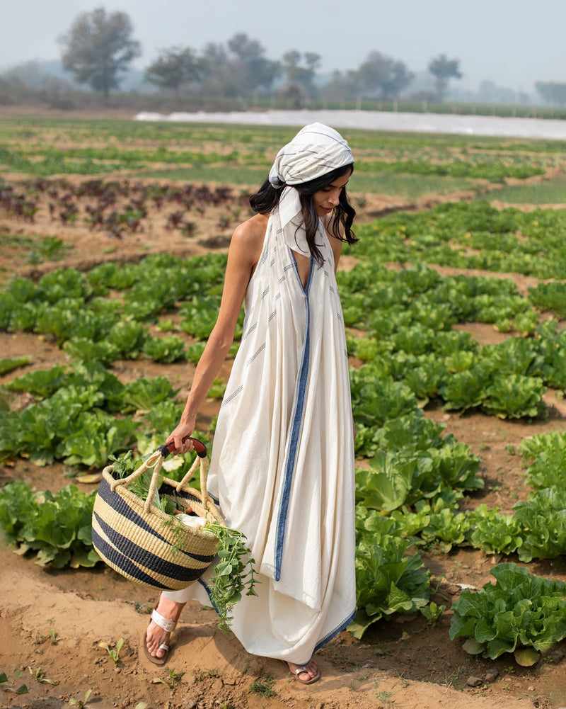 Halter Dress - Ivory & Blue