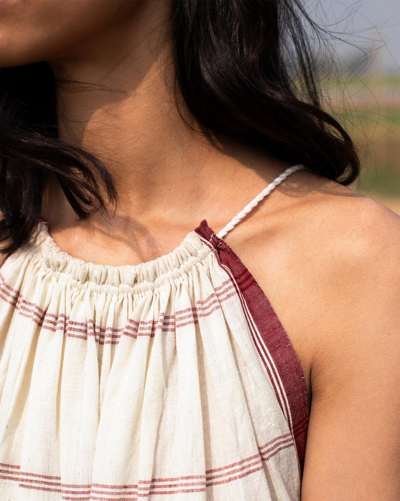 Gathered Neck Jumpsuit - Ivory & Red